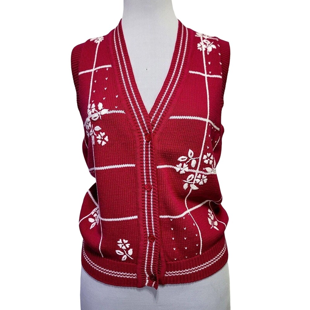 Izod Club Vintage Pink Hand Embroidered Floral Windowpane Cotton Sweater Vest L‎
